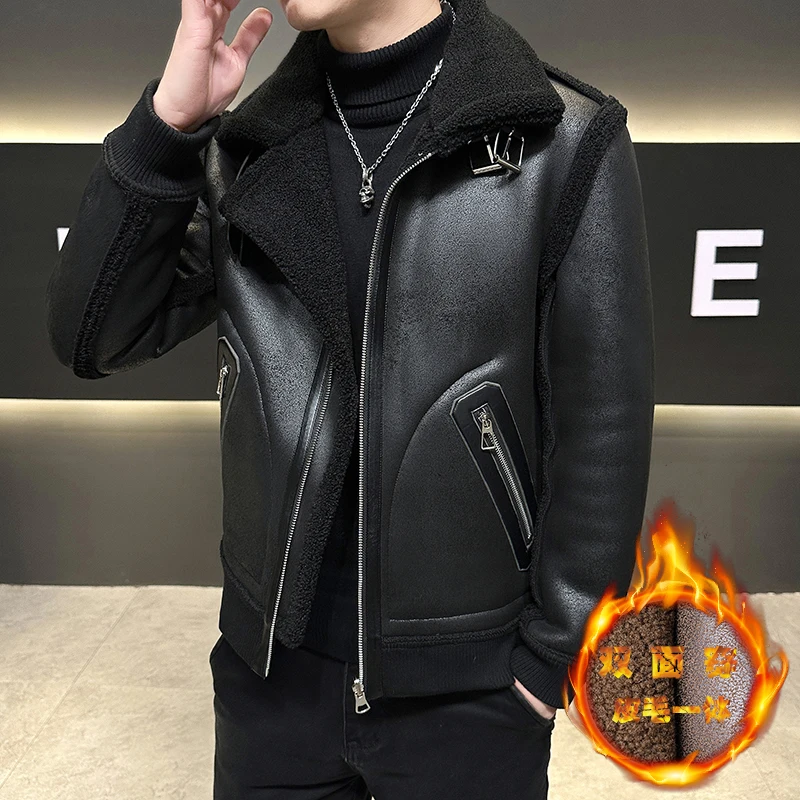 

Высококачественное меховое цельное зимнее пальто, двустороннее мужское меховое пальто большого размера из овчины и утолщенного флиса.