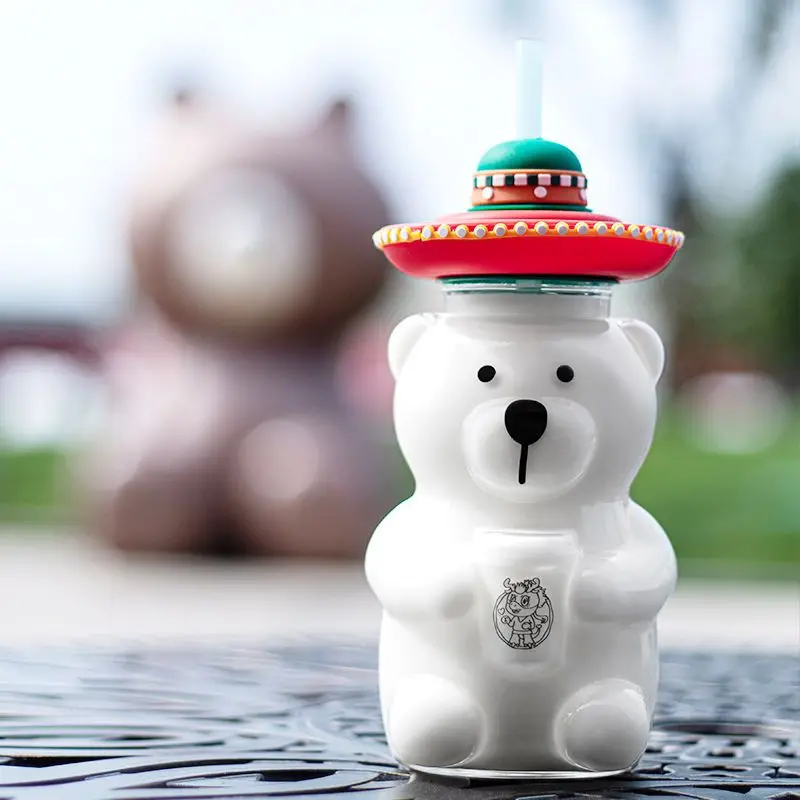 

Новая стеклянная чашка с маленьким медведем в латинском стиле, стеклянная соломенная чашка с милым мультяшным медведем.