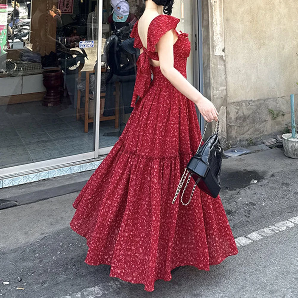 

French dress spring new waist square collar design thin backless long floral maxi dresses for women