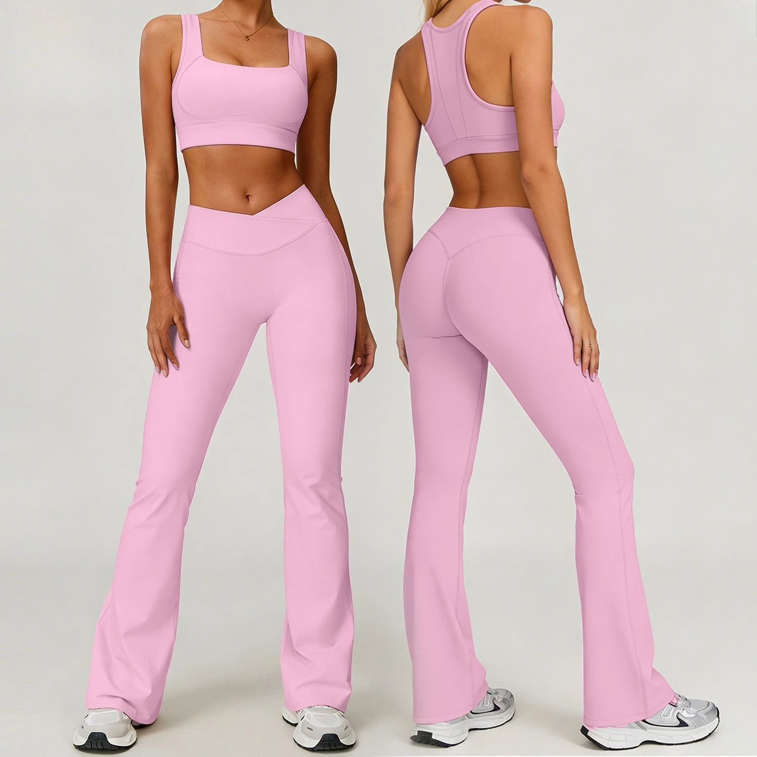 Women Outdoor Fitness Yoga Two Piece Set Nude-feeling High Shockproof Sports Bra High Waist Flared Pants For Running Pilates