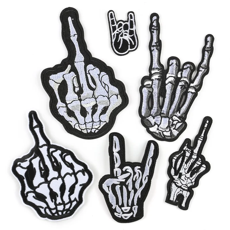 Patchs brodés à repasser pour vêtements, série Bones Hand, Badge de geste Rock & roll, emblème de crâne de doigt du milieu pour vêtements de jeunesse, bricolage