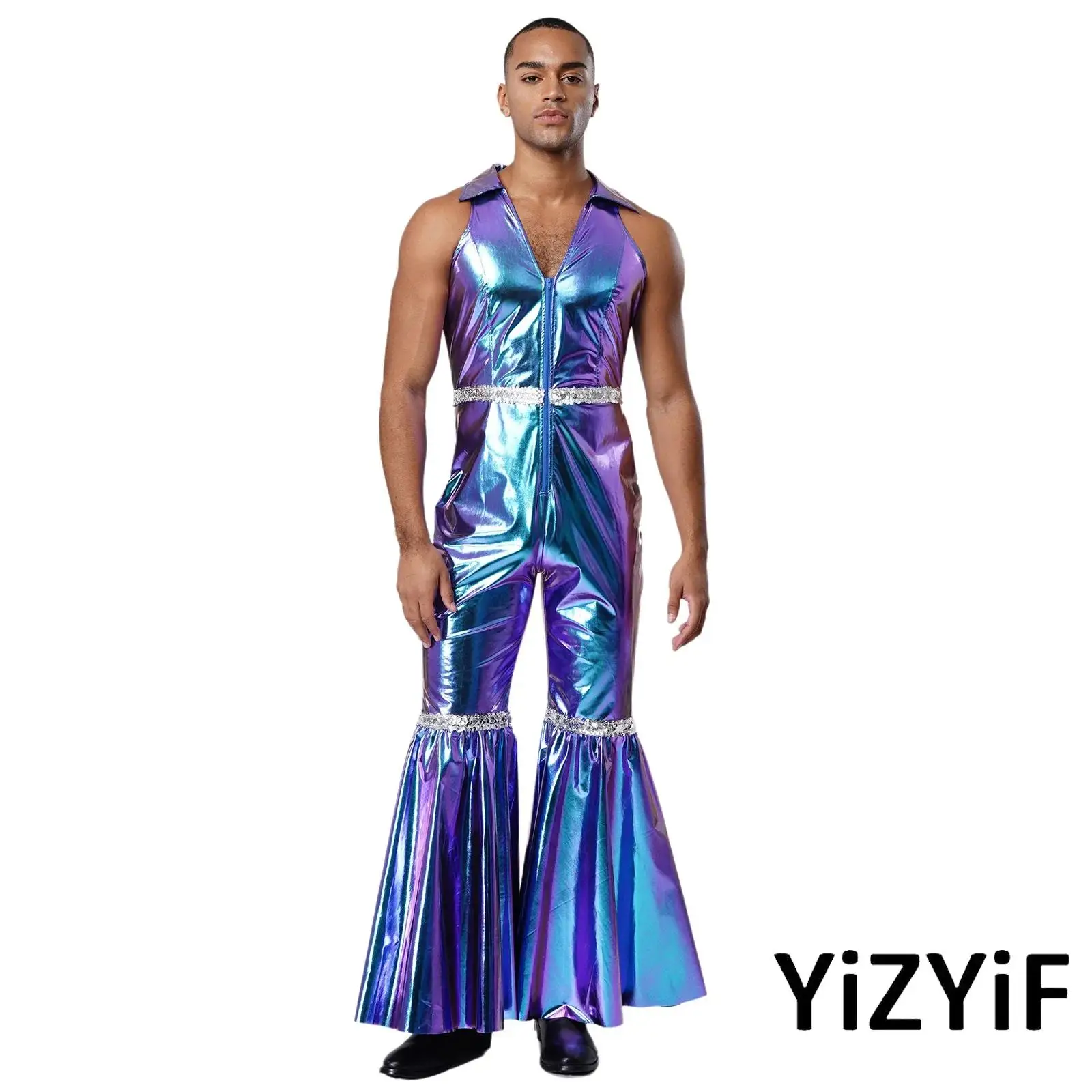 

Men's 70s Disco Rompers Lapel V Neck Sleeveless Front Zipper Sequins Bell Bottom Long Pants Jumpsuit for Retro Party Jazz Dance