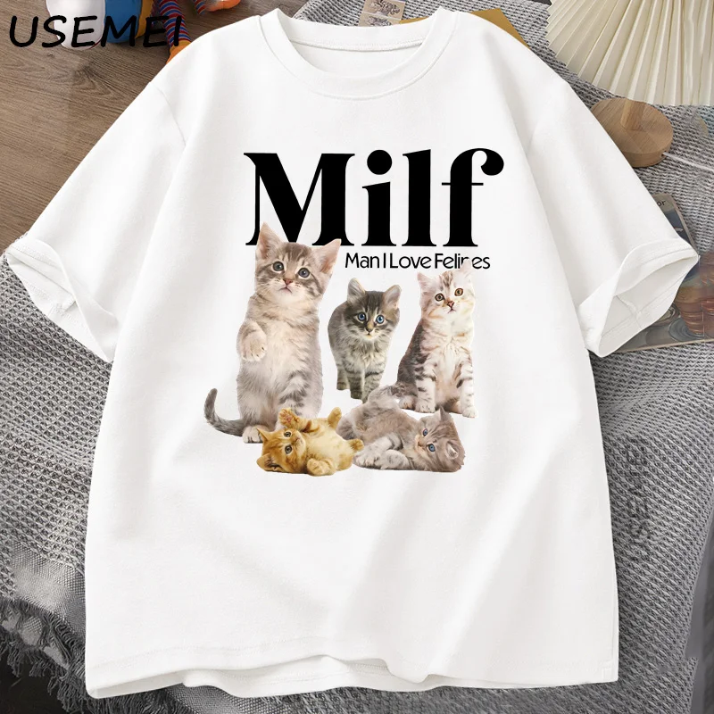 MILF Man I Love Felines Cottagecore Cats T Shirt for Men Women Cat Lover T-shirt Funny Kitten Printed Tshirt Loose Streetwear