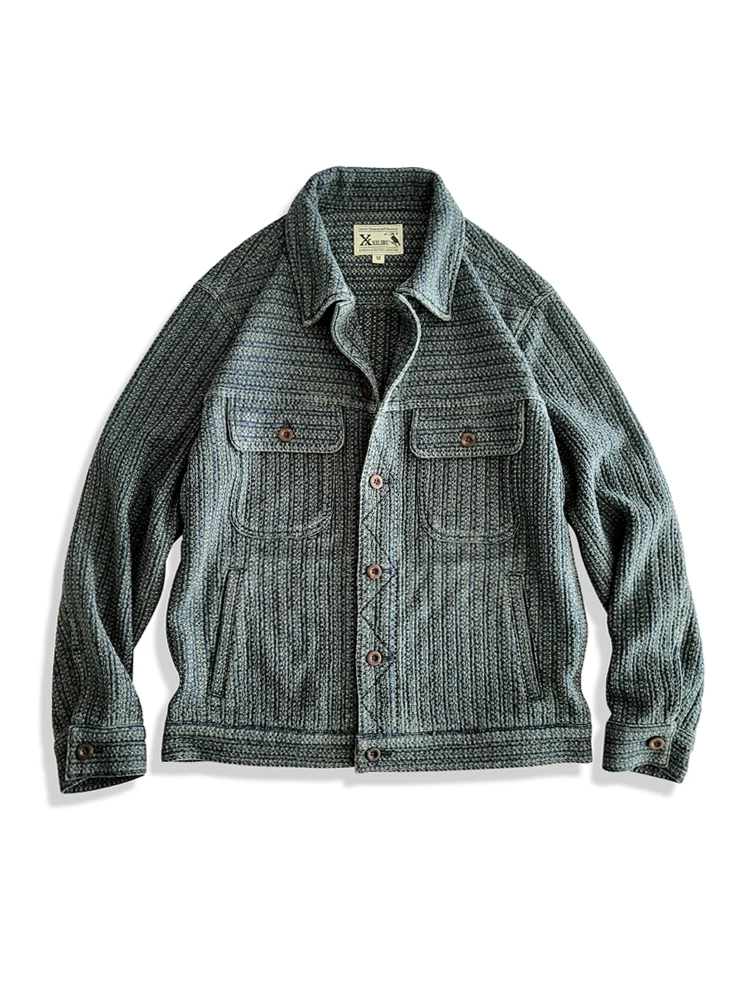 Amekaji Wear Clothes Men Honeycomb Stripes Denim Casual Jacket Coat Loose Version Japanese-Style Retro Washed Old