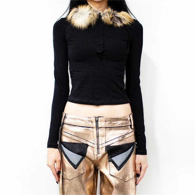 

Осень 2022, новая женская темно-синяя футболка с меховым воротником и низом y2k, модная эластичная тонкая трикотажная футболка с длинным рукавом высокого качества