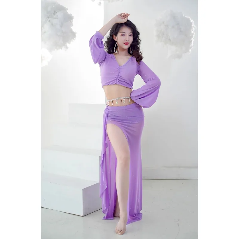 Customized Belly Dance Costumes Solid Color Mesh Long Sleeve Top Split Skirt Shining Set Oriental Dance Skirt Practice Dress