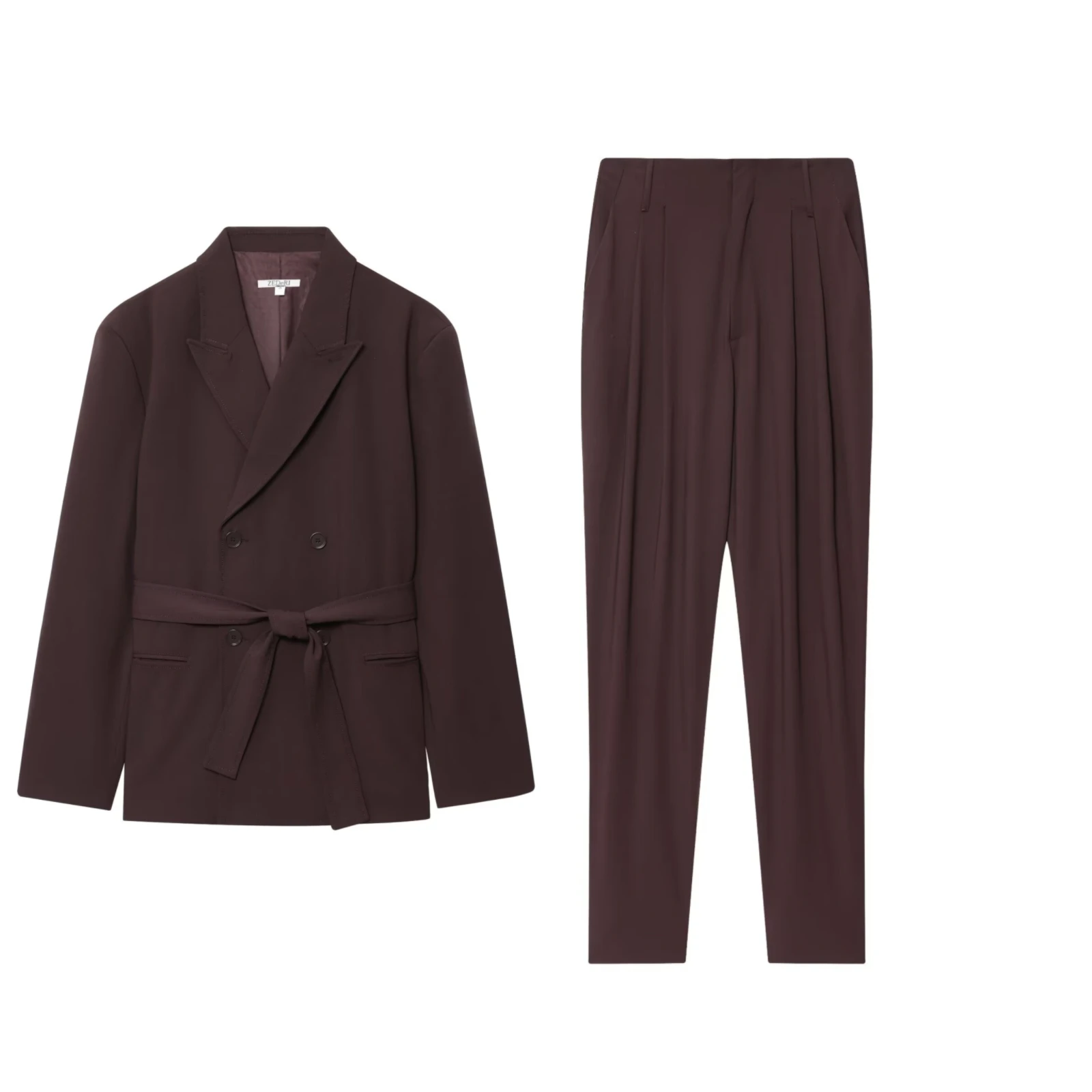 

Women's suit with long pants waist belt tailored jacket and pleated cuffs on the pants - a stylish and versatile outfit