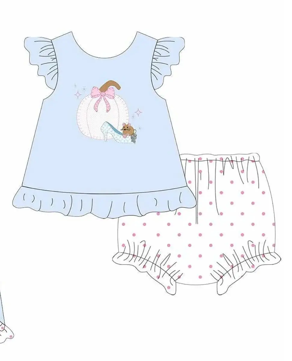 Girl Blue Princess Outfit Pumpkin Print Ruffle Sleeve Top Baby Romper Pink Polka Dot Shorts Sets Toddler Casual Clothes view 4