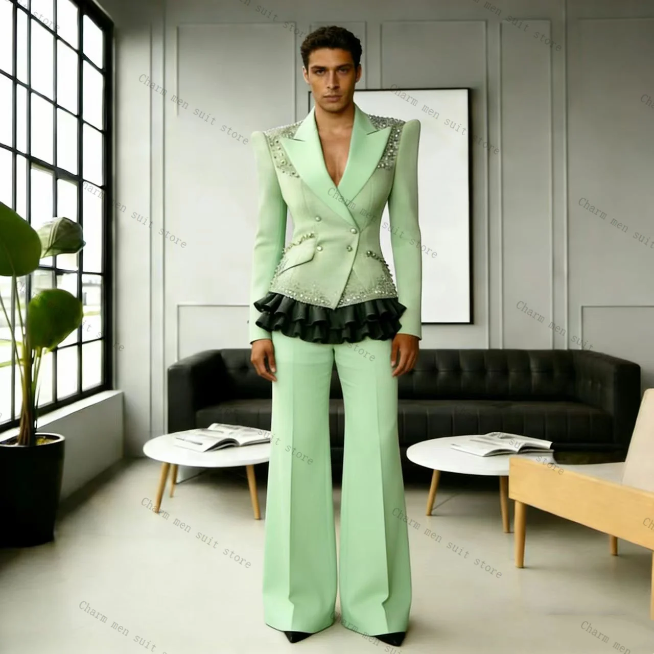 

Crystals Green Men Suits Set 2 Pcs Blazer+Cotton Pants Trousers Ruffles Wedding Tuxedo Formal Office Business Groom Jacket Coat