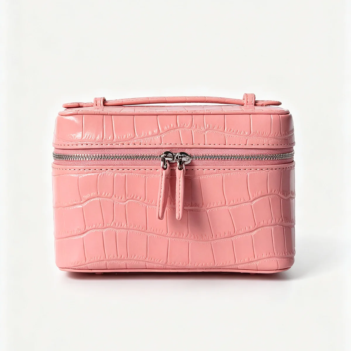 Geprägter Kosmetikbeutel aus Leder mit Krokodil-Optik, großer Stauraum, mehrere Taschen, Handtaschen-Organizer für Toilettenartikel, Reise, rosa Ausführungen. – Detail 24