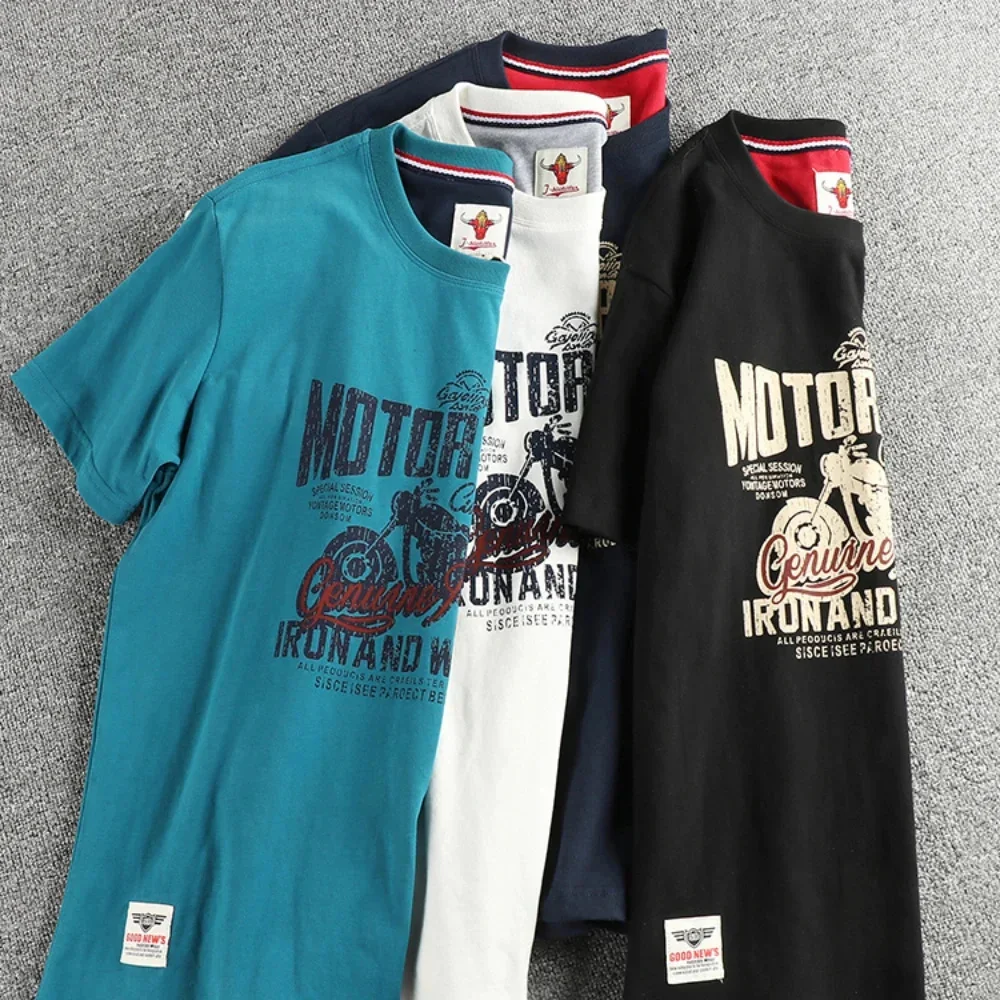 

Men's retro fashion brand new summer motorcycle print short sleeve T-shirt men's cotton wash comfortable round neck half