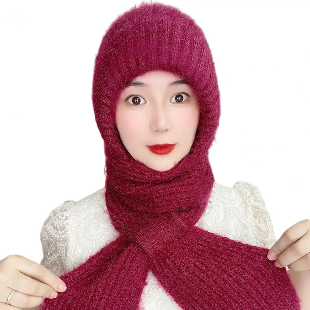 Winter Integrated Hat Women Scarf Thickened Knitted Ear Neck Head Windproof Balaclava Neck Wrap Combo Hat