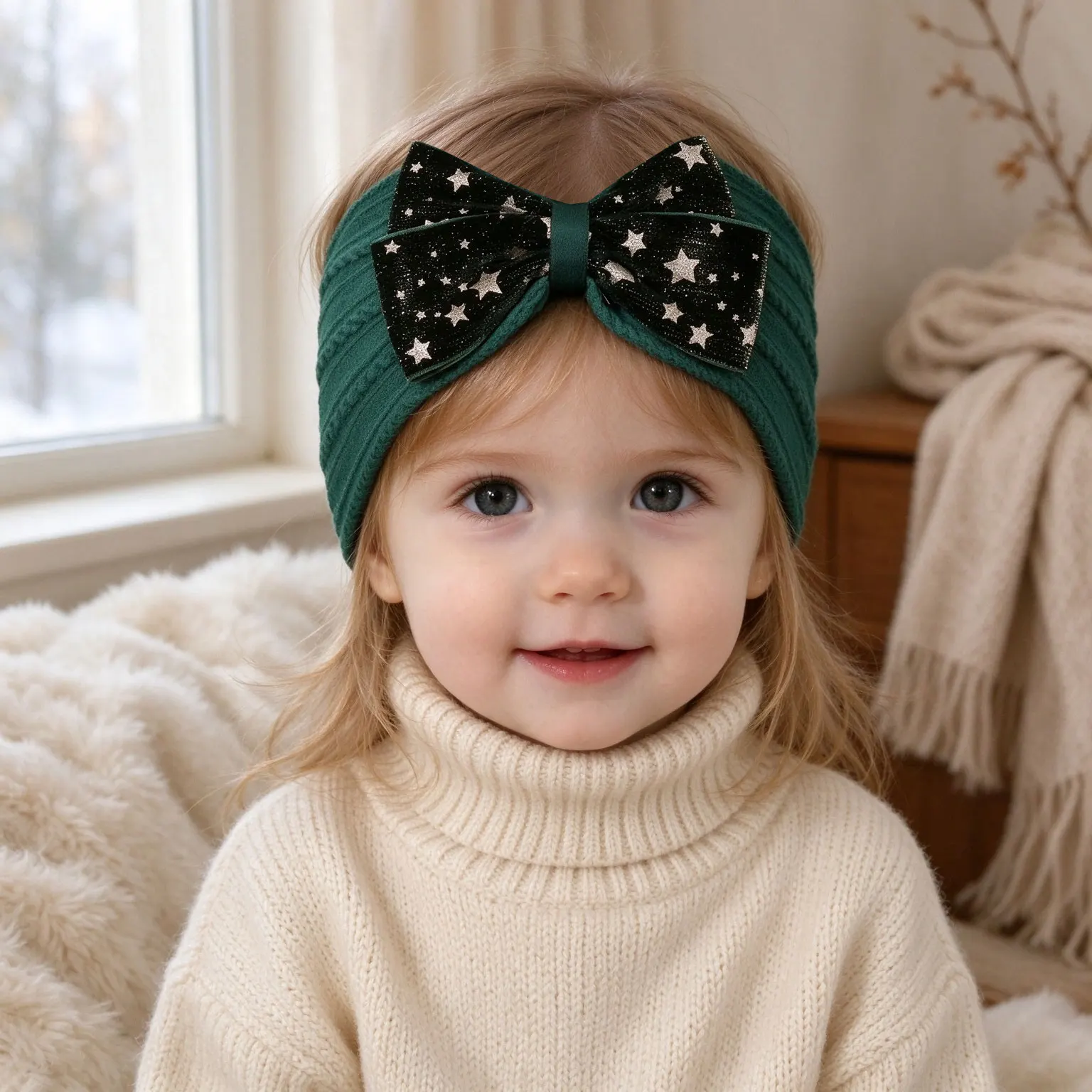 Baby Girls Christmas Headbands Soft Red Green Cable Knit Newborn Hair Bands Gold Star Bow Baby Turban Infant Hair Accessories