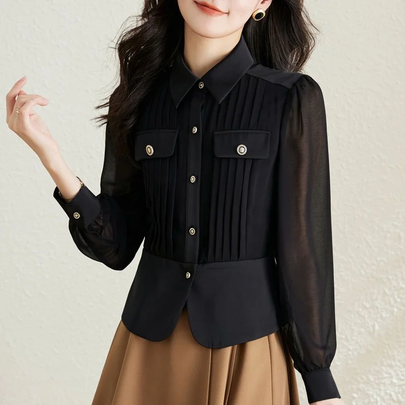 Autumn 2023 New Women Short Long-sleeved Chiffon Blouse Shirt Western-style Blouse Female Slim Pure Colour Bottoming Shirt
