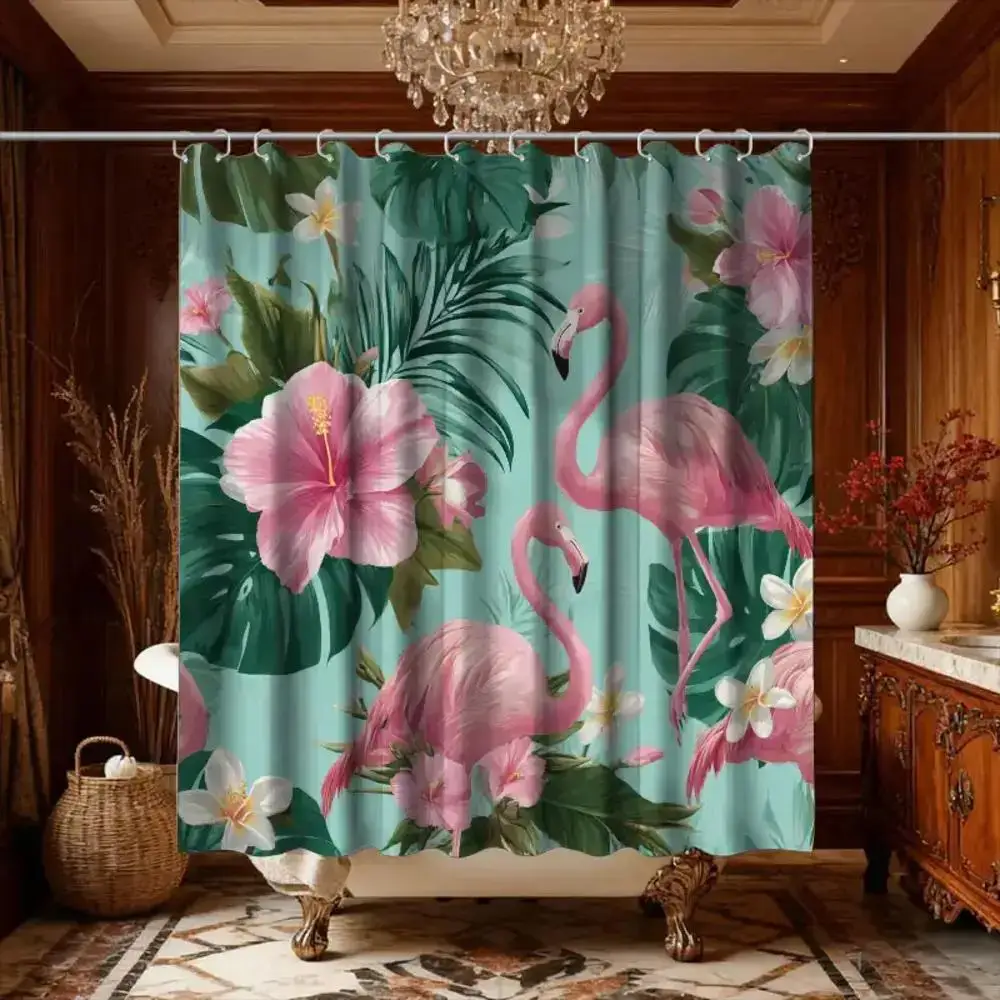 

Vibrant Pink Flamingo Floral Tropical Shower Curtain Polyester Waterproof Boho Jungle Print Bathroom Decor Accessories Hibiscus