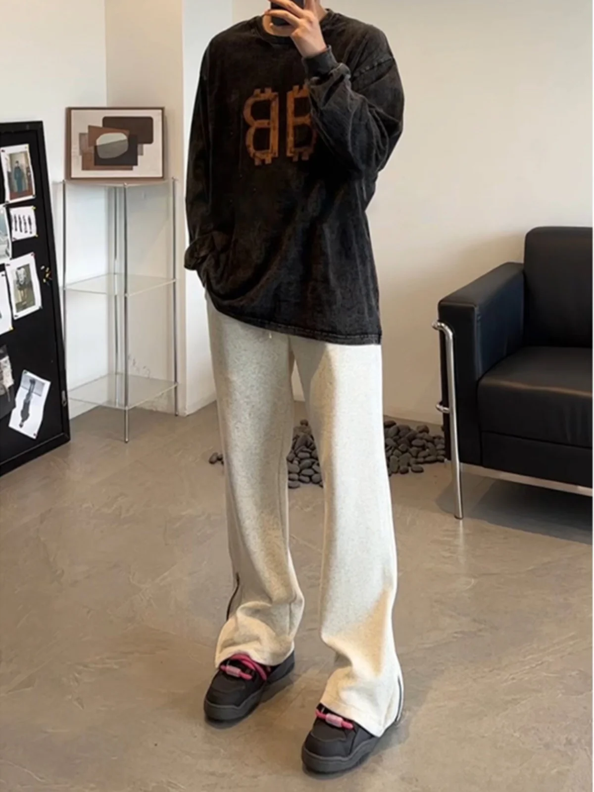 

American Sle Straight Leg ey Sweatpants Men's Autumn Trendy Brand Zipper Cuff High Waist Sports Micro Flare Pants