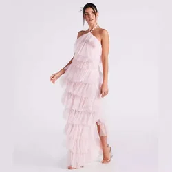 New Women's Party Sexy Dress Pink Cake Long Skirt Celebrity Sleeveless Ruffled Evening Dress with Neck Hanging Vestidos De Gala