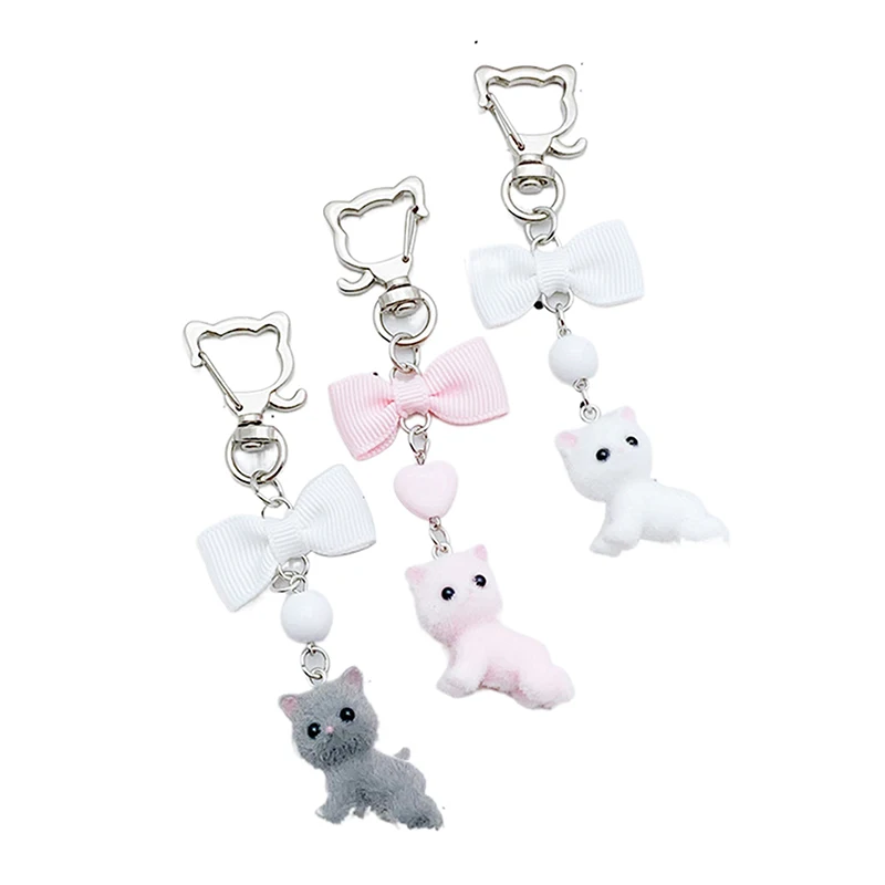 Mobile Phone Chain Cute Flocked Kitten Bow Keychain Pendant Anti-Lost Lanyard Earphone Case Camera Chain Bag Decoration Gifts