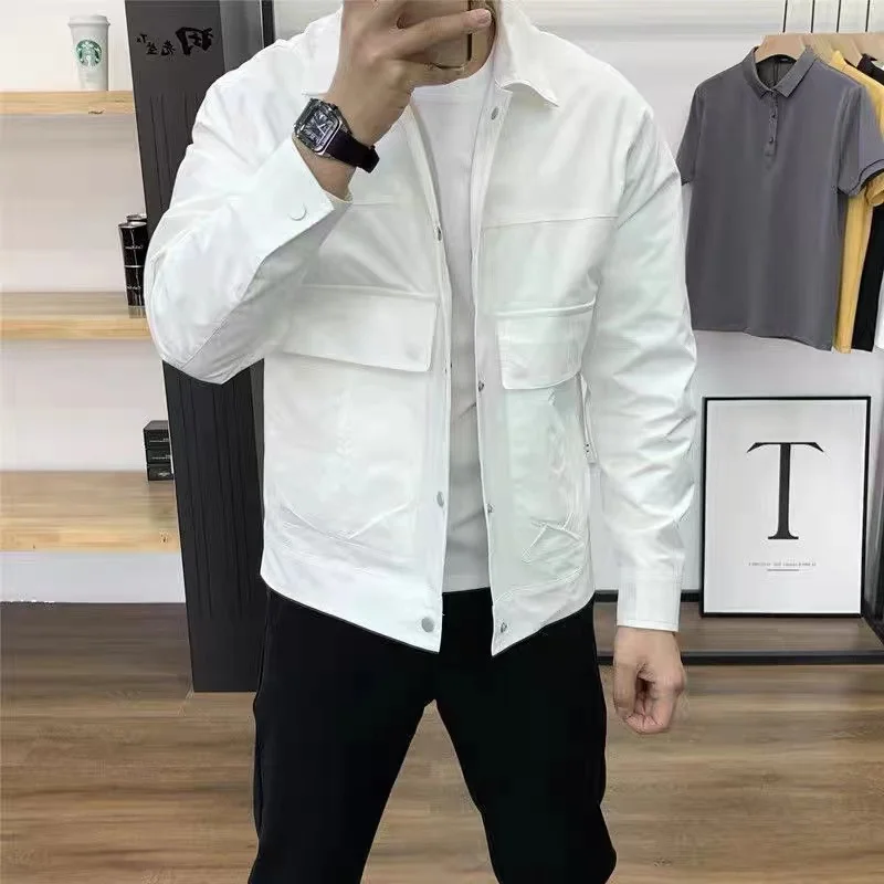 

Slim Fit Korean Sle Jaet for Men with Big kets Windproof Casual Workwear Pure Color Turn-down Collar Youth Faion