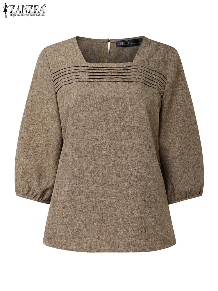 เสื้อเชิ้ตคอเหลี่ยม ZANZEA รุ่น Autumn ปี 2025 เสื้อผู้หญิงลำลองทรงหลวม แขนทรงโคมไฟ 3/4 แฟชั่นวินเทจ สีพื้น