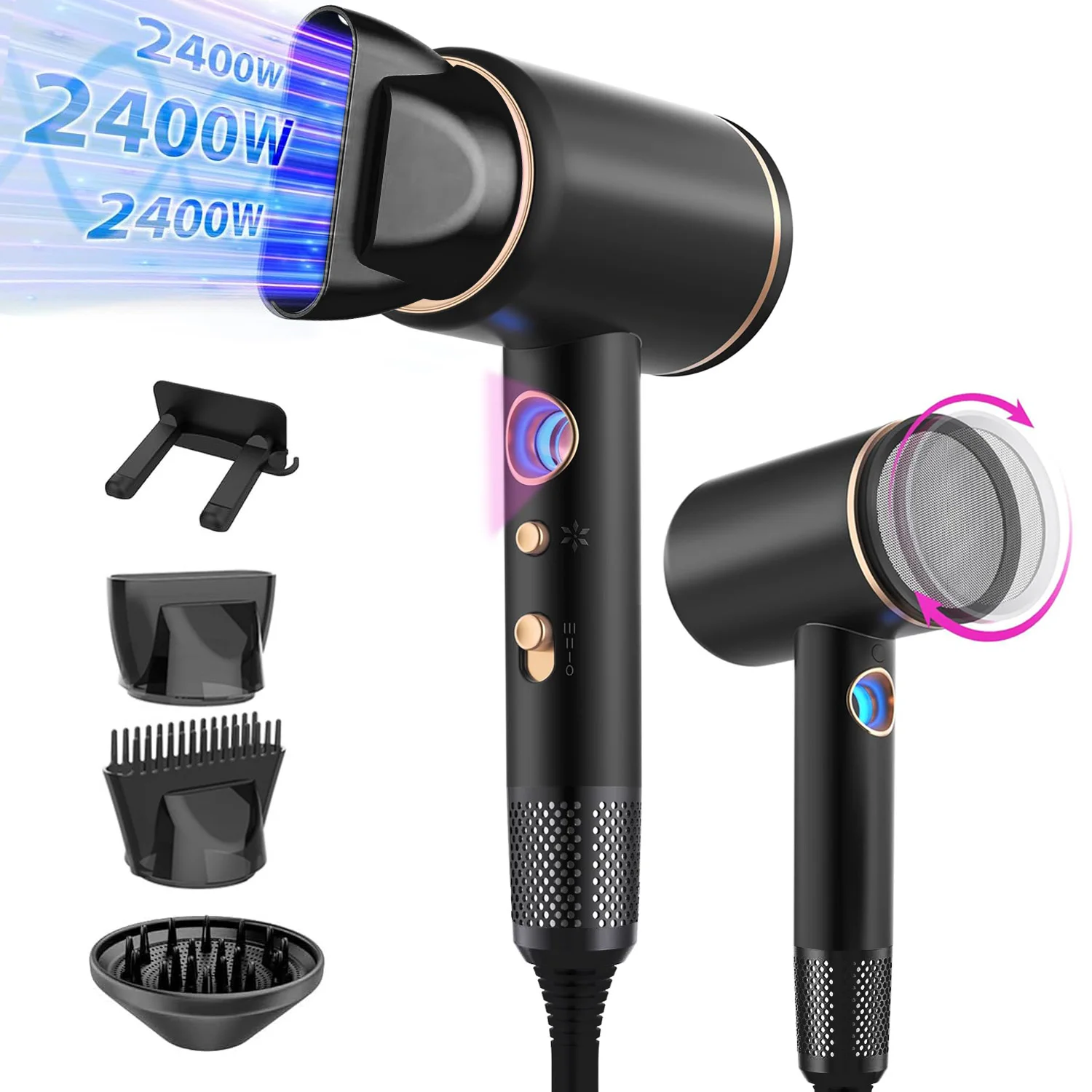 Haartrockner, Professioneller Ionen-Haartrockner mit AC-Motor, 2400 W, Reise-Haartrockner mit Diffusor, Haartrockner 4-in-1, Heiß/Kalt-Taste, 3 Heizstufen und 3 Geschwindigkeitsstufen, Haartrockner