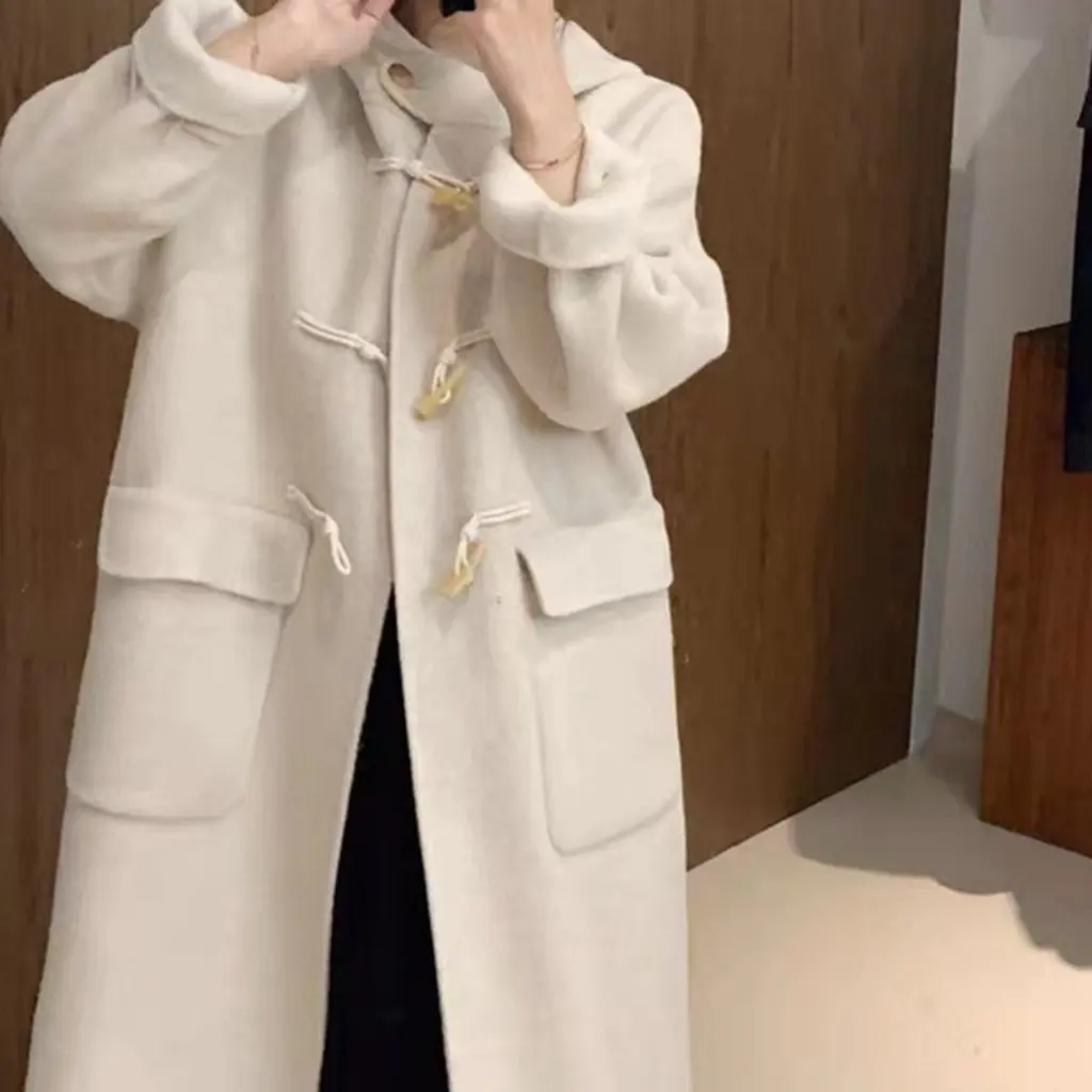 

Girls Pink Double-Sided Cashmere Coat Long Wool Horn Buckle Mid-Length Winter Outerwear Age-Reducing Fleece Jacket for Women