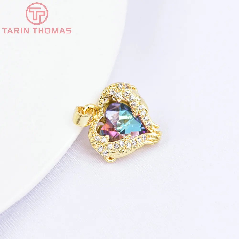 (6865) 4PCS 16x17MM 24K Gold Color Brass with Zircon Heart Charms Pendants High Quality DIY Jewelry Making Findings Wholesale