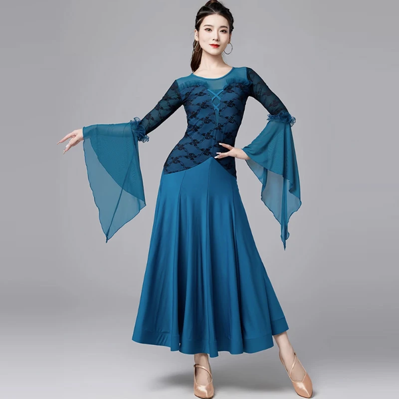 

Blue Red Ballroom Dance Performance Dress Women Professional Competition Wear Flare Sleeve Tango Waltz Dance Clothing DL11052