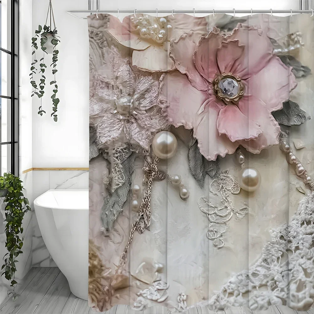 

Винтажная занавеска для душа с цветочным и жемчужным принтом, декоративная занавеска для душа в ванной комнате, водонепроницаемая занавеска для душа с крючками