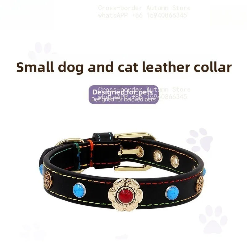 Flower buckle turquoise rivet explosion-proof leather first layer cowhide pet collar cat and dog collar