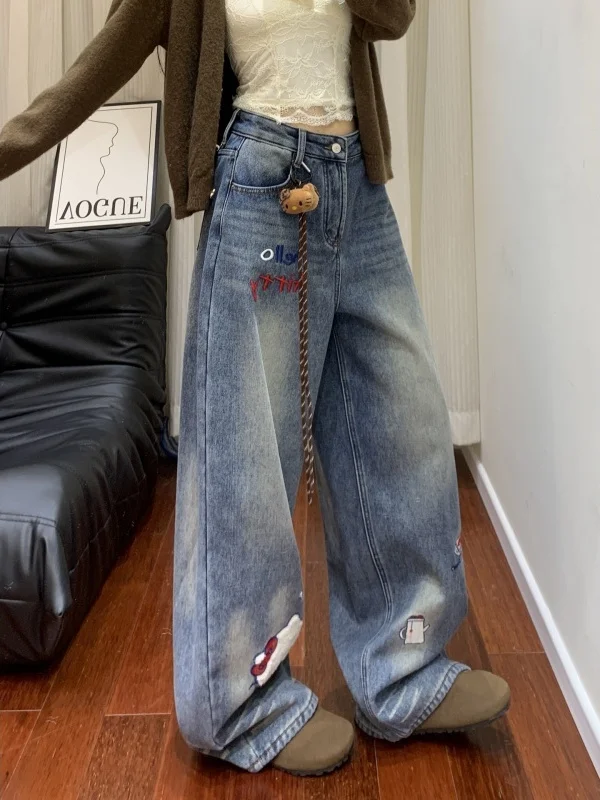 

Laid-back Feng Shui Wash Cartoon Embroidered Thickened Wide Leg Jeans Women's Winter New Style High Waist Casual Pants