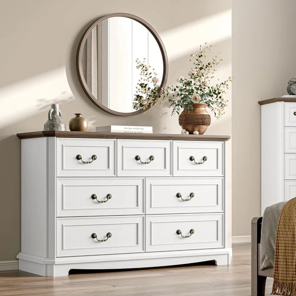 Commode de ferme pour chambre à coucher avec 7 tiroirs, commode rustique de 48 larges avec poignée en métal, meuble TV de commode vintage en bois, W