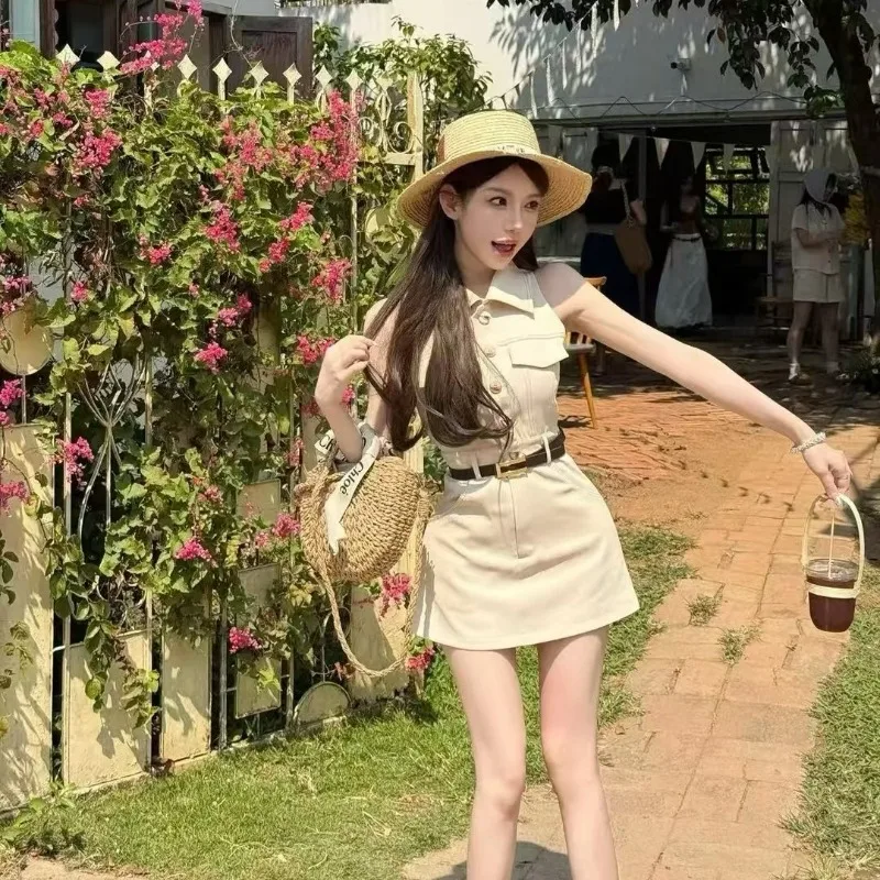 

Korean Hot Girl Casual High Waist Dress Women's Summer Sleeveless Turn-down Collar Slim Fit Short Dress Fashion Female Clothes