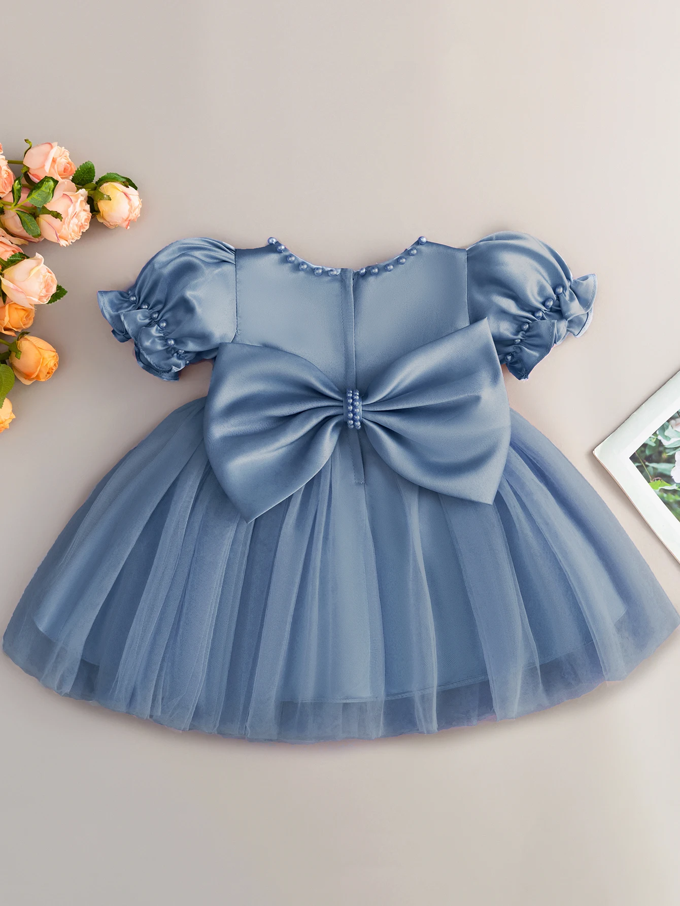 Baby Girl's Gray-Blue Bow Dress With Tulle Skirt For Birthday Parties And First Birthday Celebrations