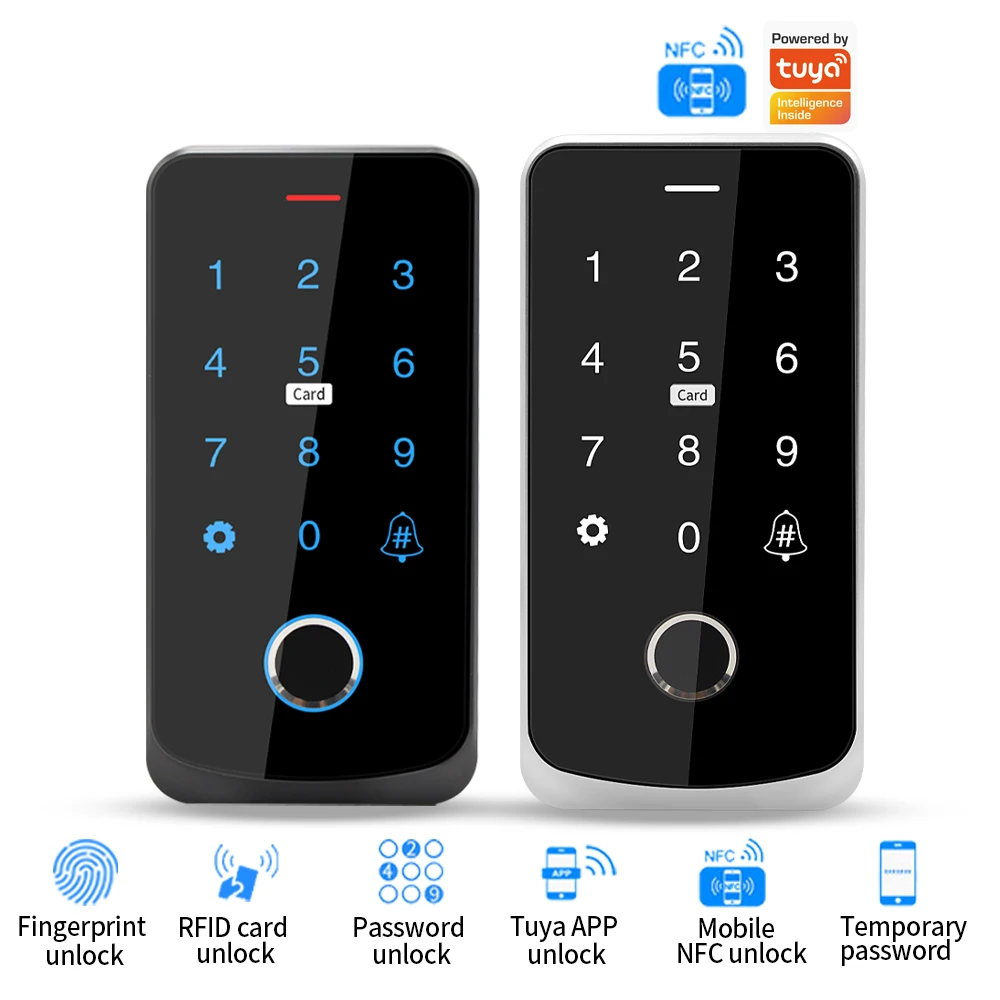Wasserdichtes NFC-Fingerabdruck-Zugangskontrollsystem mit Tuya-App-Unterstützung, Tastatur/RFID-IC-Karte/Magnetisches Türschloss, 12V Stromversorgung