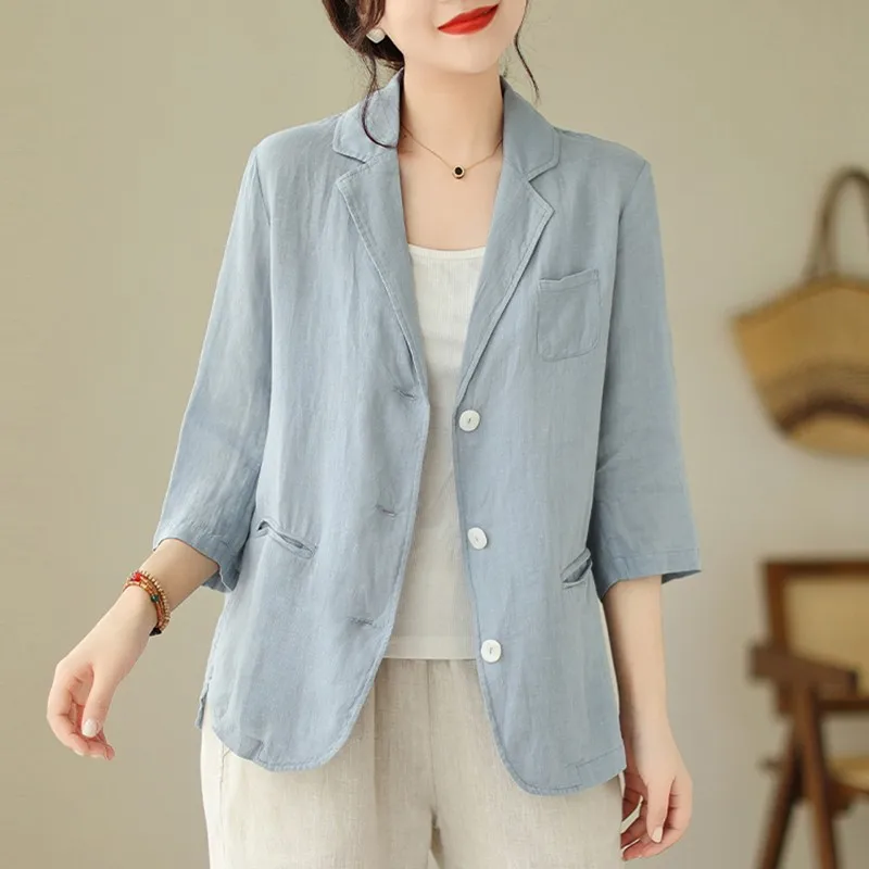 

Women Casual Blazer Coats New Arrival 2024 Spring Vintage Style Solid Color Basics Female Cotton Linen Jackets B3710