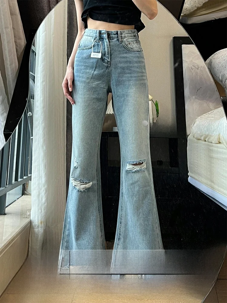 

Женские джинсы-клеш с высокой талией, осенне-зимние, облегающие, длинные, винтажные, рваные, с бахромой, расклешенные джинсы-буткэт