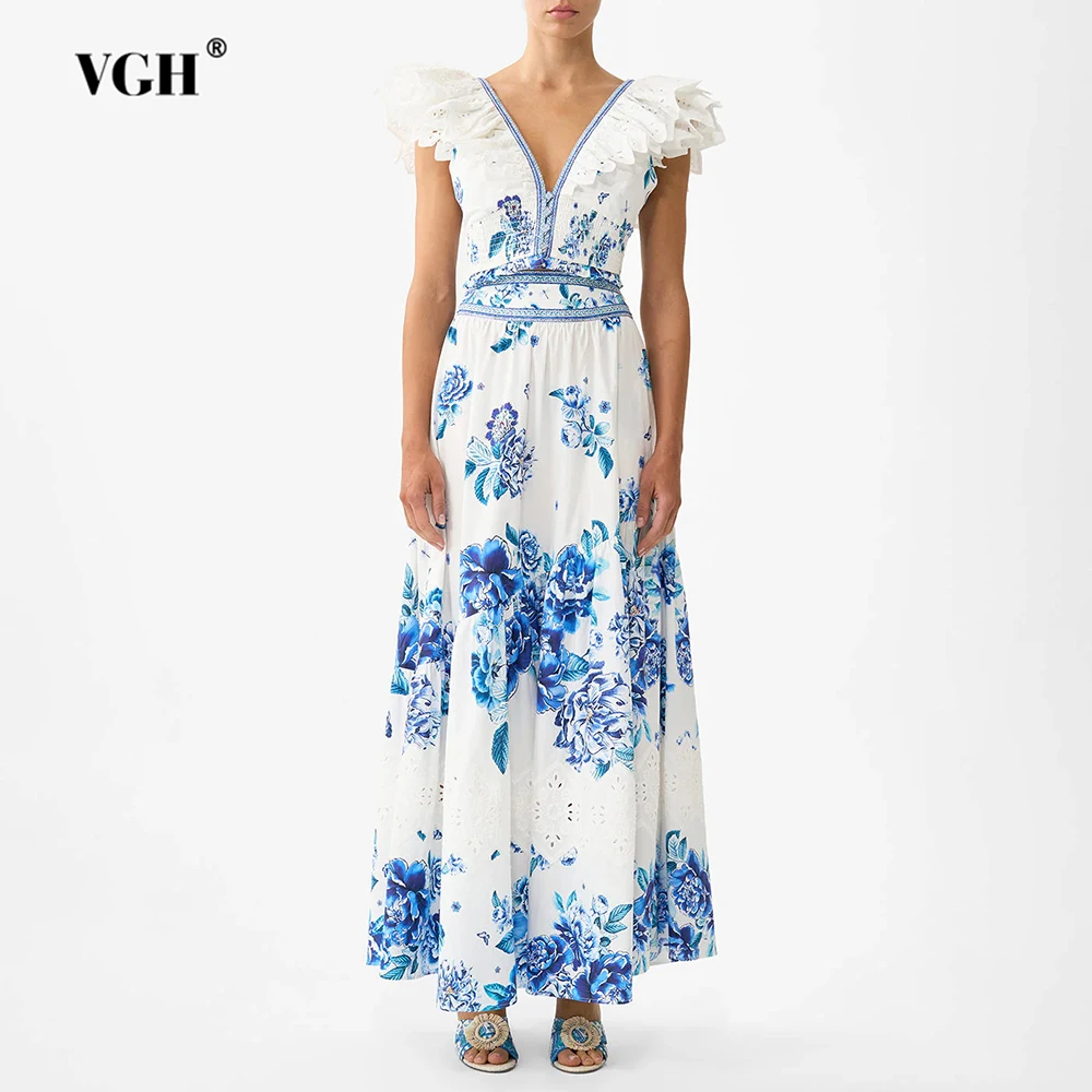 

VGH Floral Printed Suit for Women V Neck Sleeveless Patchwork Ruffles Top High Waist Folds Skirts Elegant Two Piece Set Female