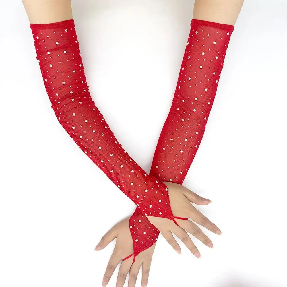 50cm Women Rhinestone Mesh Hook Finger Long Gloves Sexy Party Transparent Breathable Fingerless Gloves Elasticity Arm Sleeves