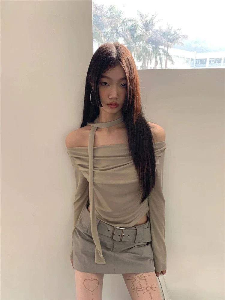 Y2k Aesthetic Fashion Sexy Long Sleeve T-shirt Off Shoulder Elegant Style Slash Neck Pleated Solid Shirt  Streetwear Tops