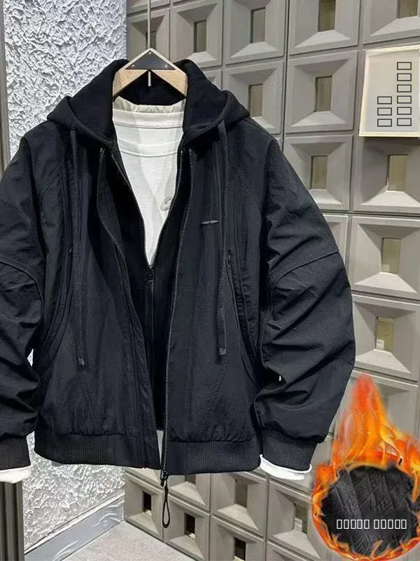 

Thiened Cotton Workwear Jaet Autumn Winter Hooded Fake Two-Piece Outerwear Trendy Brand Polyester Fiber Zipper Closure Me...