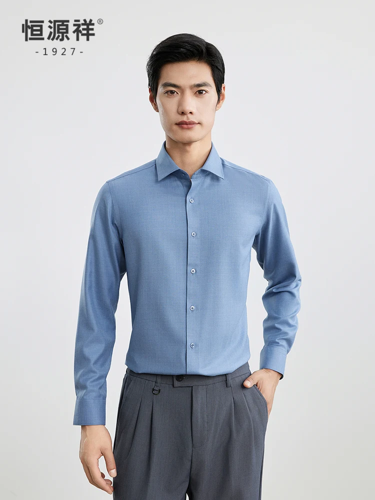 Hengyuanxiang Men's Long Sleeve Shirt Wool Blend Casual Business Square Collar Standard Fit Spring Autumn Wear Polyester Fiber