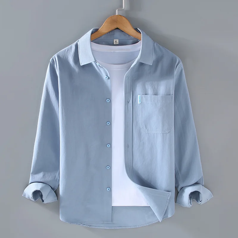 

Pure Cotton Long Sve Men's irt Spring 2024 New Sle Multi-Color Loose Casual Basic Blue Youth Faion Stand Fit
