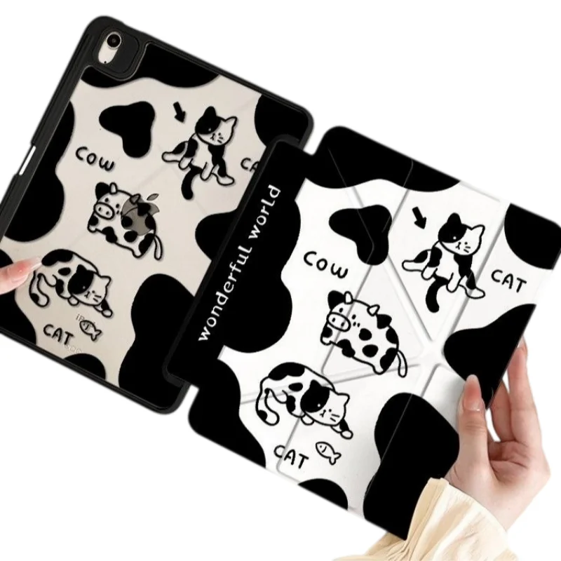 Cute Cat & Cow Cartoon Pen Slot Tablet Case For iPad 2026 Air 8 7 6 4 3 2 1 Pro 2024 11in 12th 11 10 9 8 7 6 5th Cover