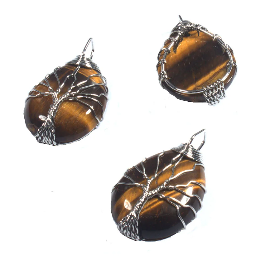 Wire Wrapped Tree of Life Water Drop Natural Purple Amethyst Rose Quartz Healing Crystal Agate Stone Pendant Jewelry For Women