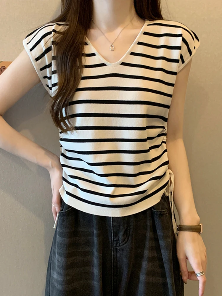 

Korean Sle Ice Silk T-irt Women's Summer New Loose Fit Knitted Base irt Thin Svel Top V-Ne Dstring