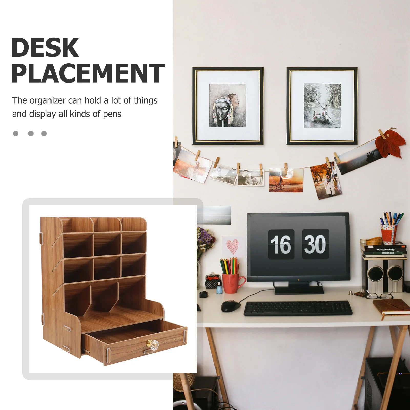 Wooden Desktop Organizer Penholder Multi-Divided Stationery Holder Simple Design Storage Box Compact Light Weight Office