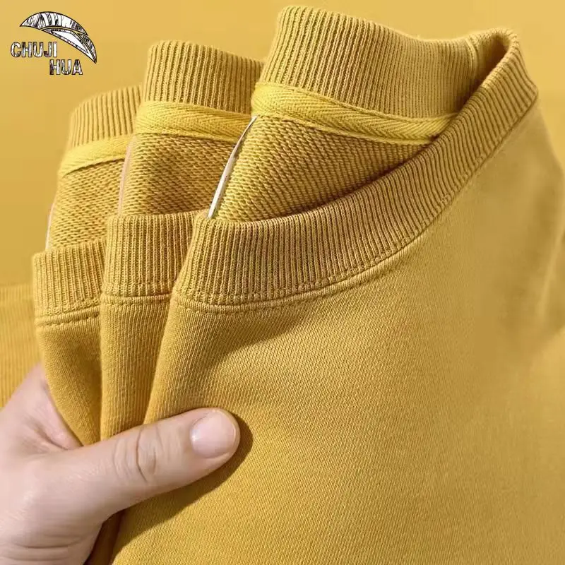 Spring Autumn Men 100%Cotton T-shirt Long-sleeved Round Neck Sweater Thick Solid Color Sports Loose Cotton Tops for Men Women