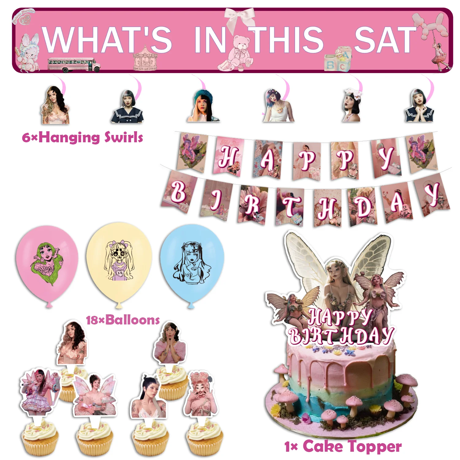 Melanie Martinez Birthday Party Decoration Singer Theme Gender reveal Banner Cake Topper Balloon for kid Baby Shower Music Fans