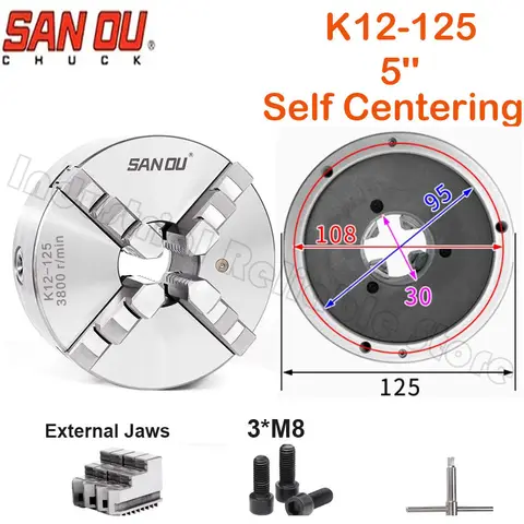 SANOU K12-125 4 조 125MM 5 ''셀프 센터링 선반 척 드릴링 밀링 목공 용 경화 가역 장착 도구